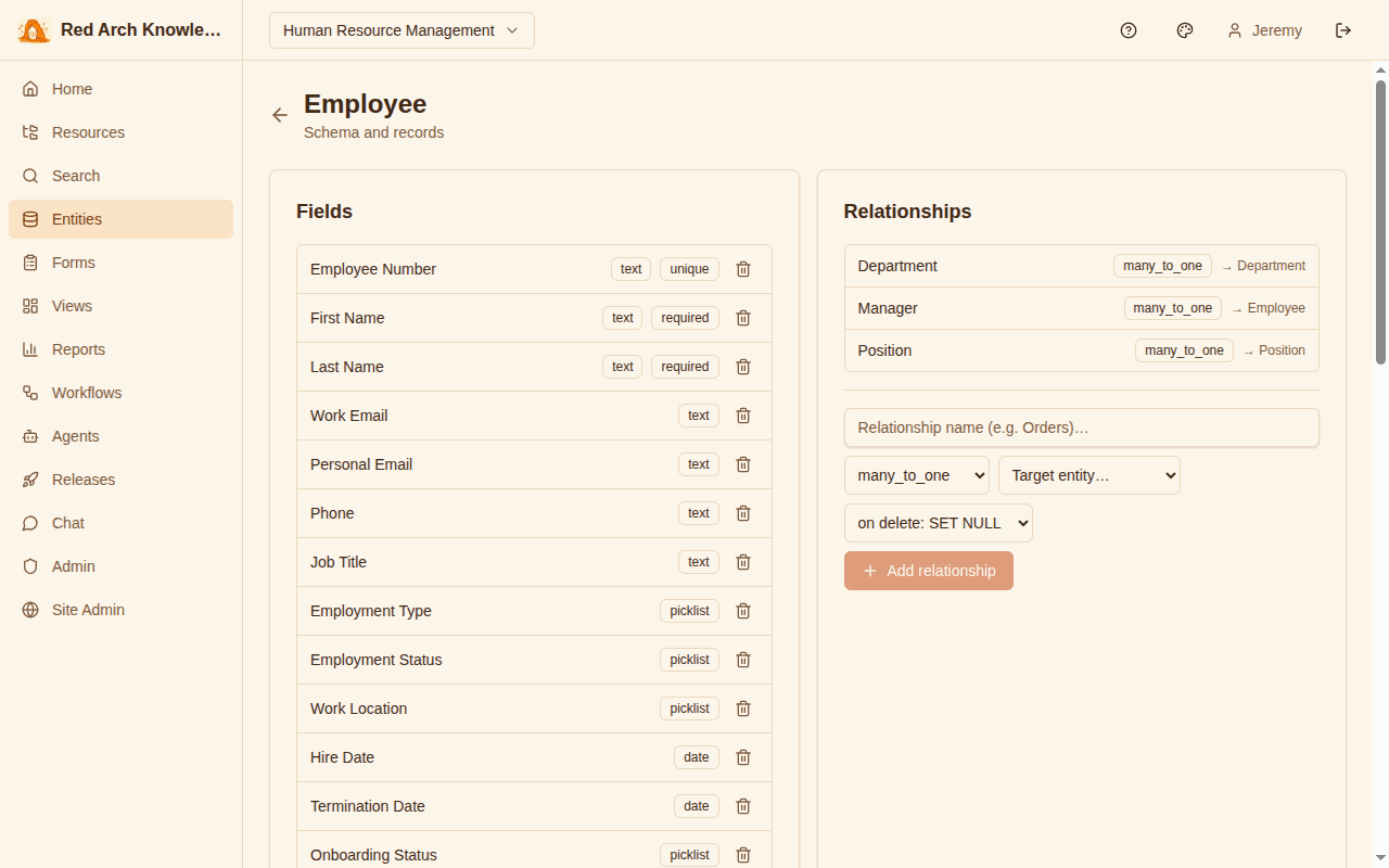 Red Arch entity definition — schema with typed fields and relationships