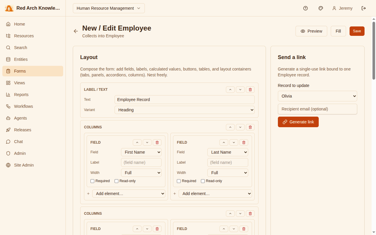 Red Arch form designer — element tree builder