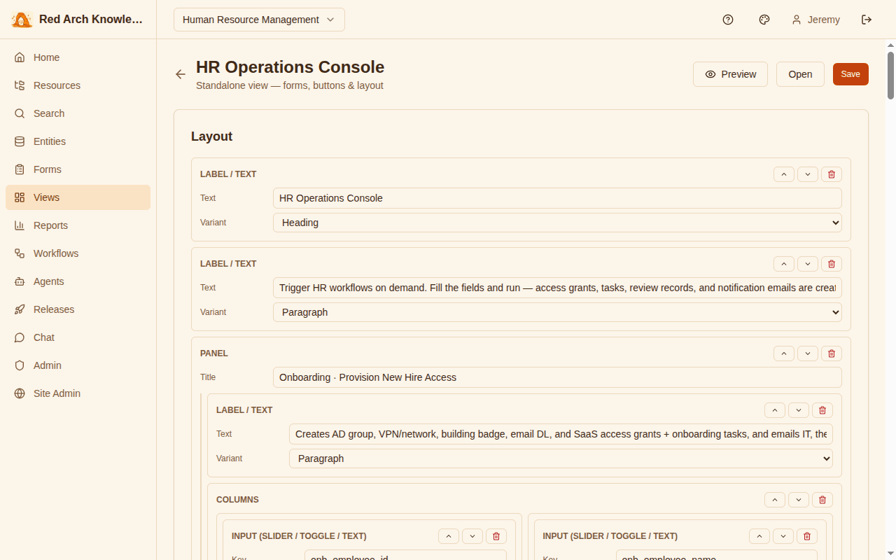 Red Arch view designer — build consoles and dashboards