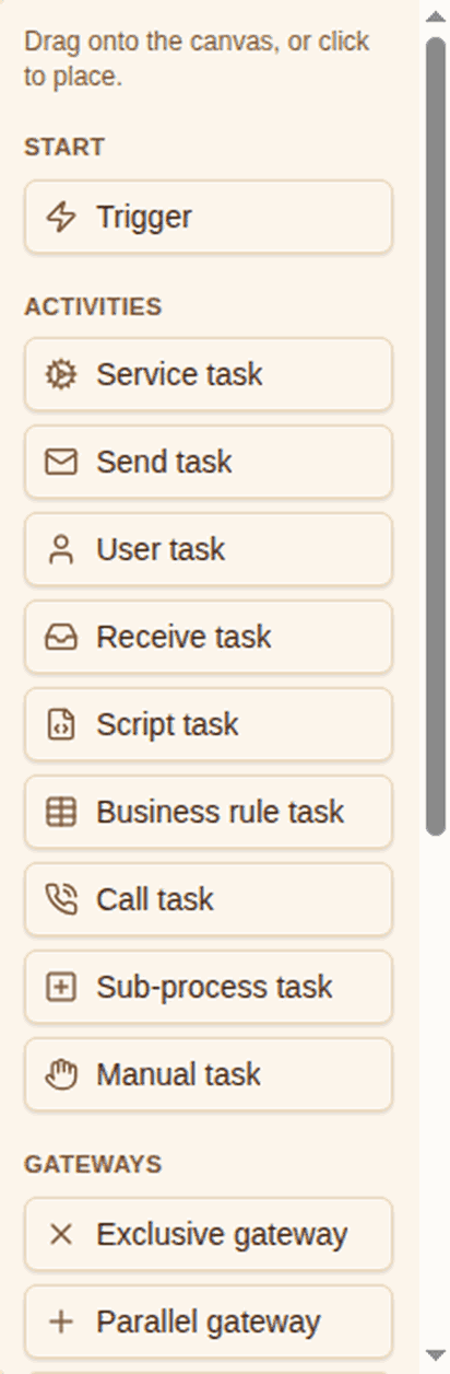 Red Arch workflow node palette — triggers, tasks, gateways and events