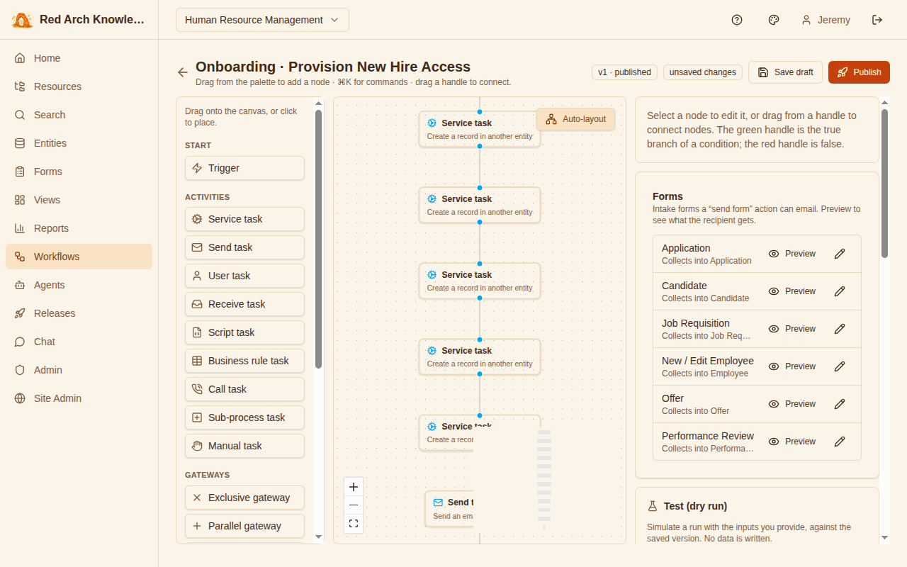 Red Arch visual BPMN workflow designer — onboarding provisioning flow